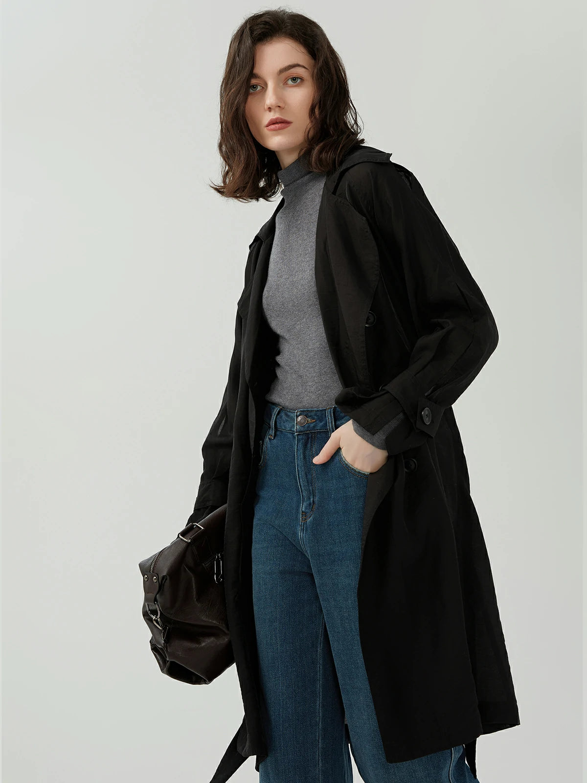 Casual Lapel Double Breasted Draw-In Mid-Length Trench Coat