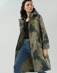 Casual-chic trench coat with a waist-cinched design and eye-catching camouflage print