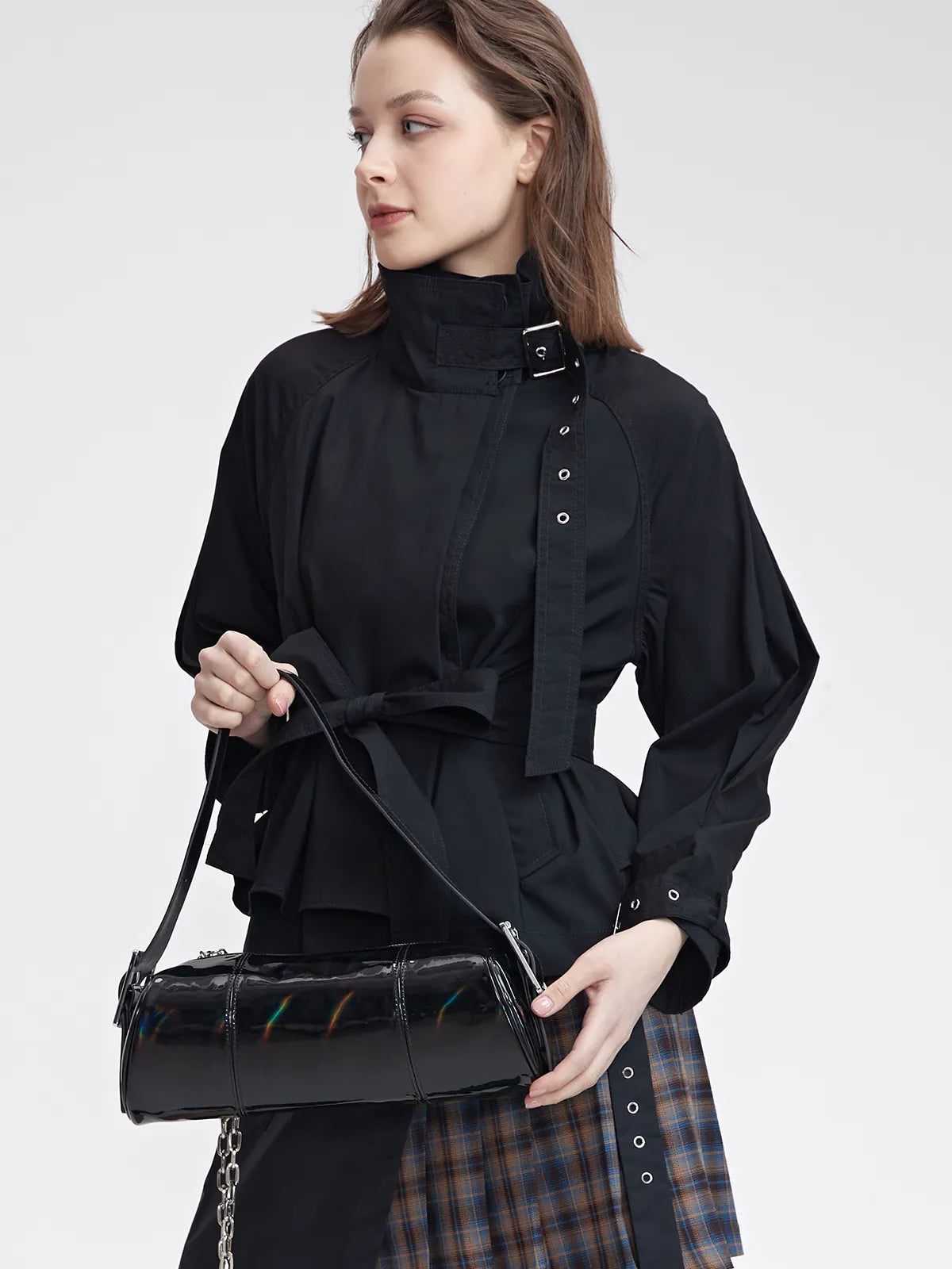Fashion Stand Collar Waist Stitching Irregular Short Coat