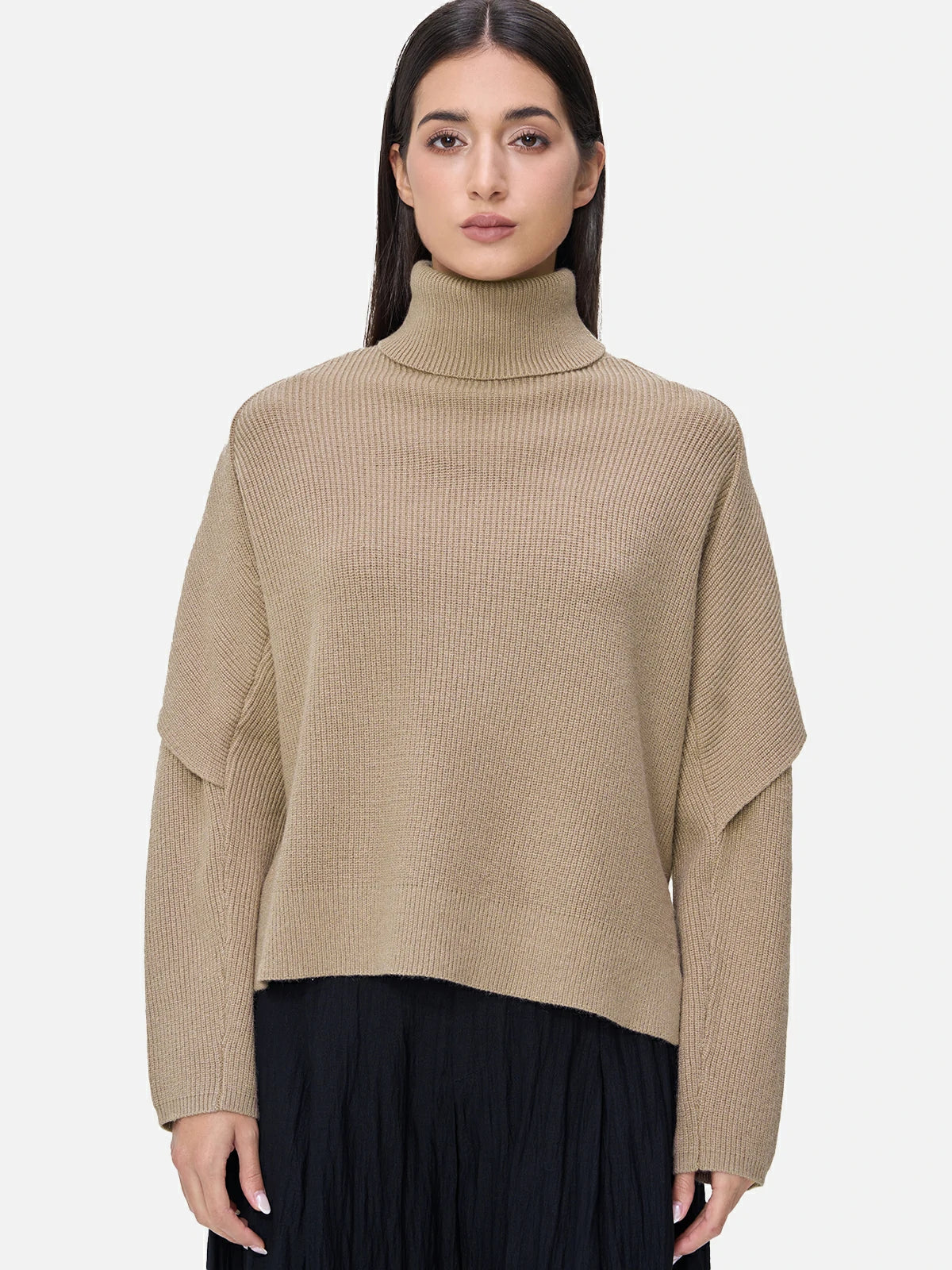 Chic Solid-Colored Turtleneck Sweater with Shawl-Like Sleeve Design