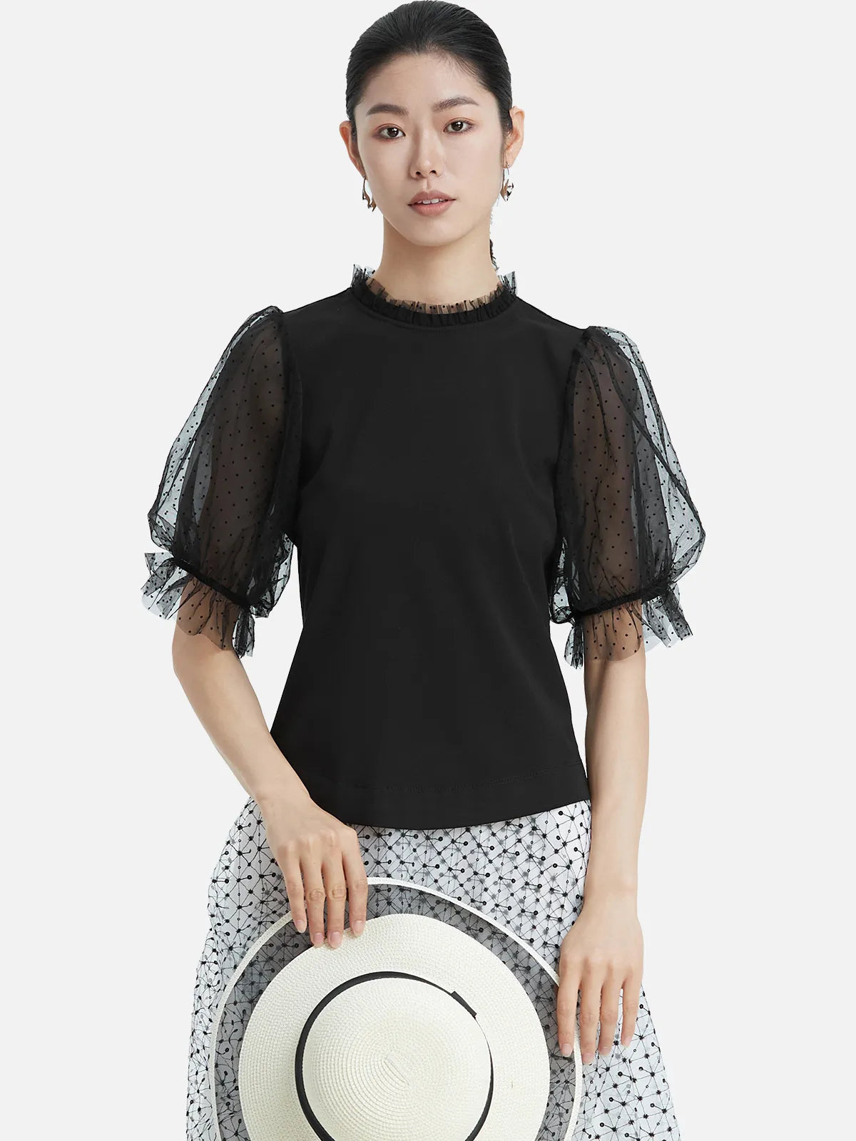 Sheer Mesh Polka Dot Sleeve T-Shirt