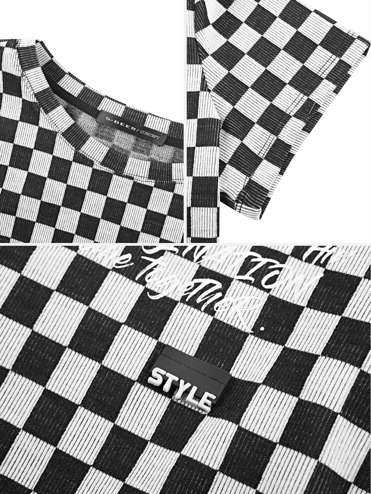 Round Neck Contrasting Check T-Shirt