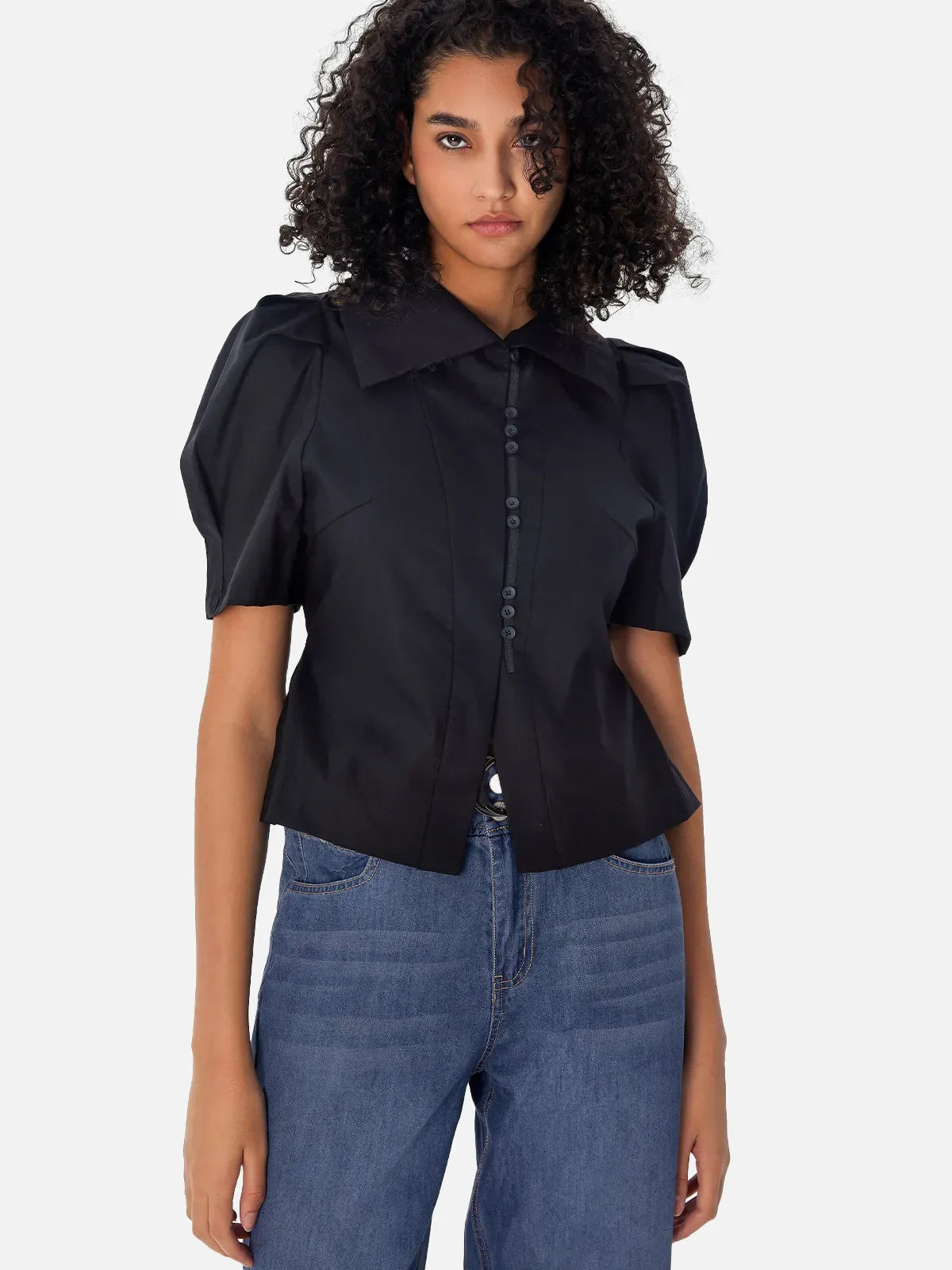 Vintage turn-down collar bubble sleeve blouse