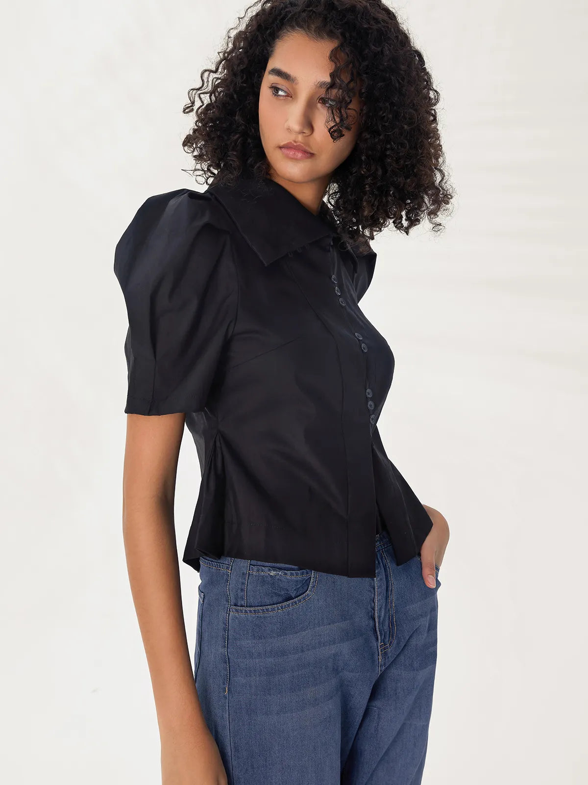 Retro High Collar Puff Sleeve Shirt
