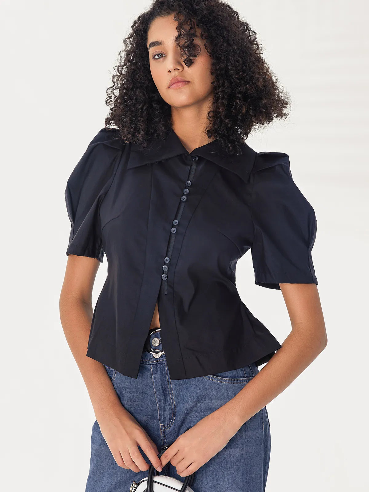 Retro High Collar Puff Sleeve Shirt