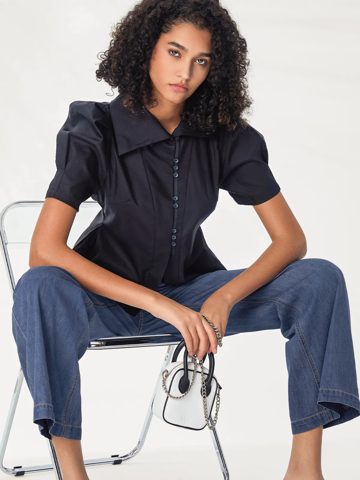 Retro High Collar Puff Sleeve Shirt