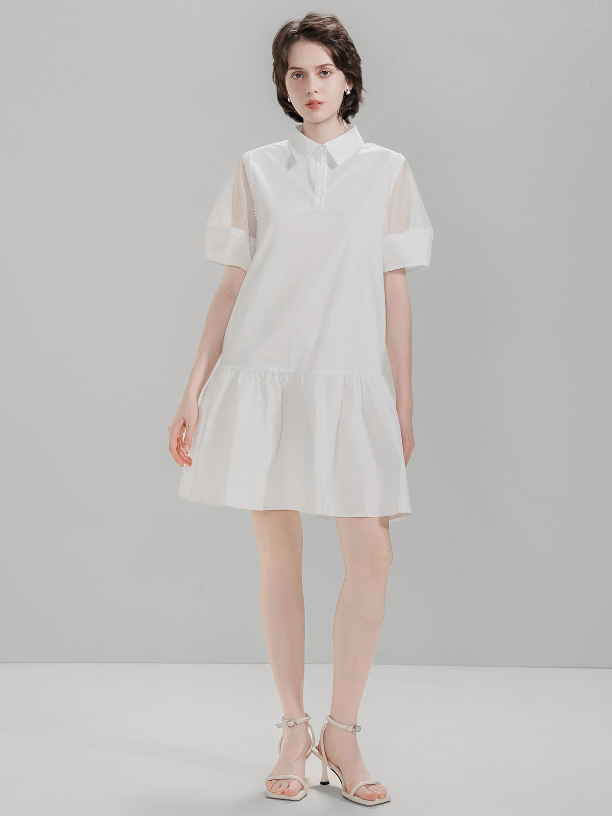 S·DEER white shirt dress with mesh short sleeves and a flared skirt