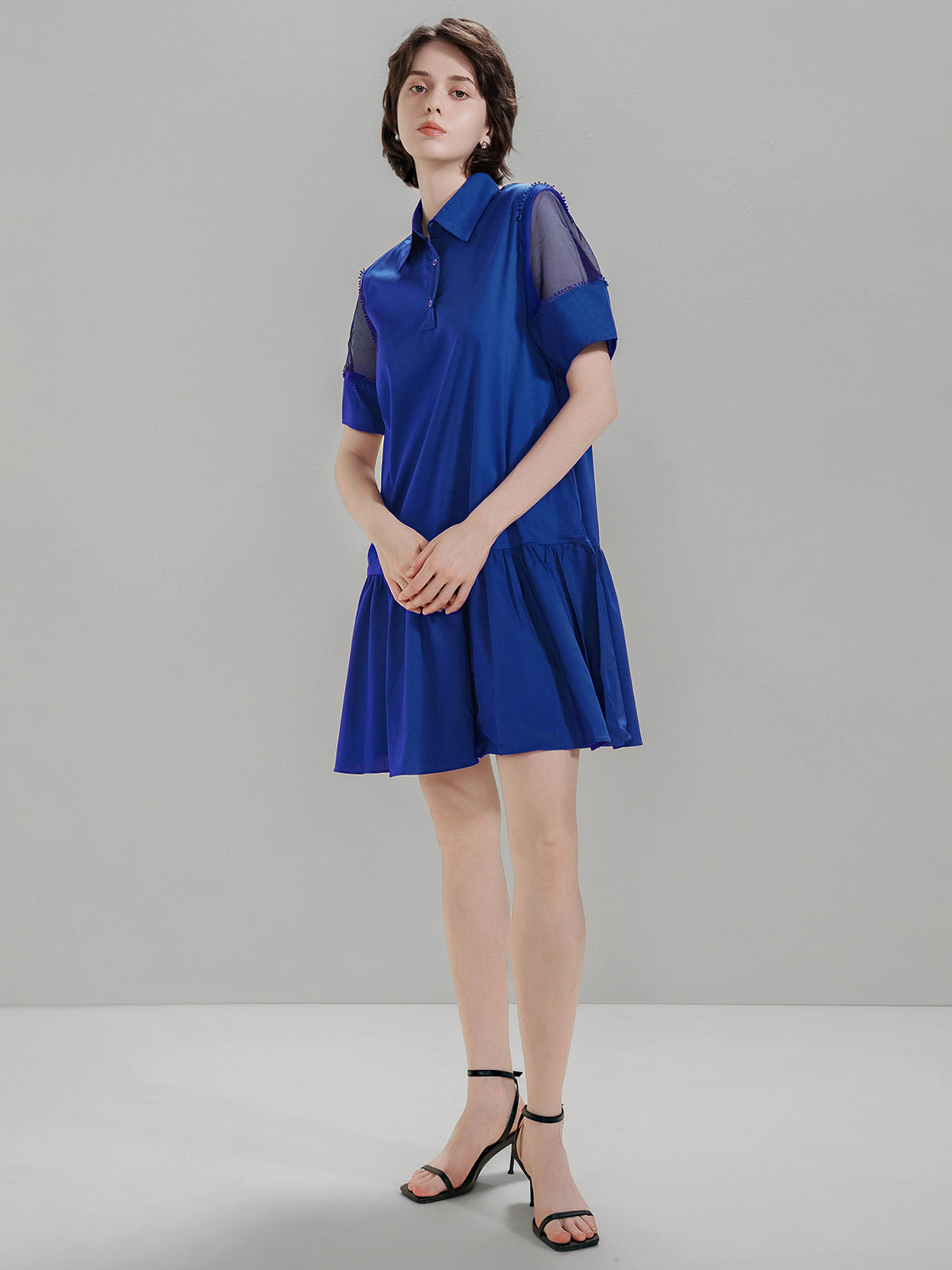 S·DEER royal blue shirt dress with mesh short sleeves and a flared skirt