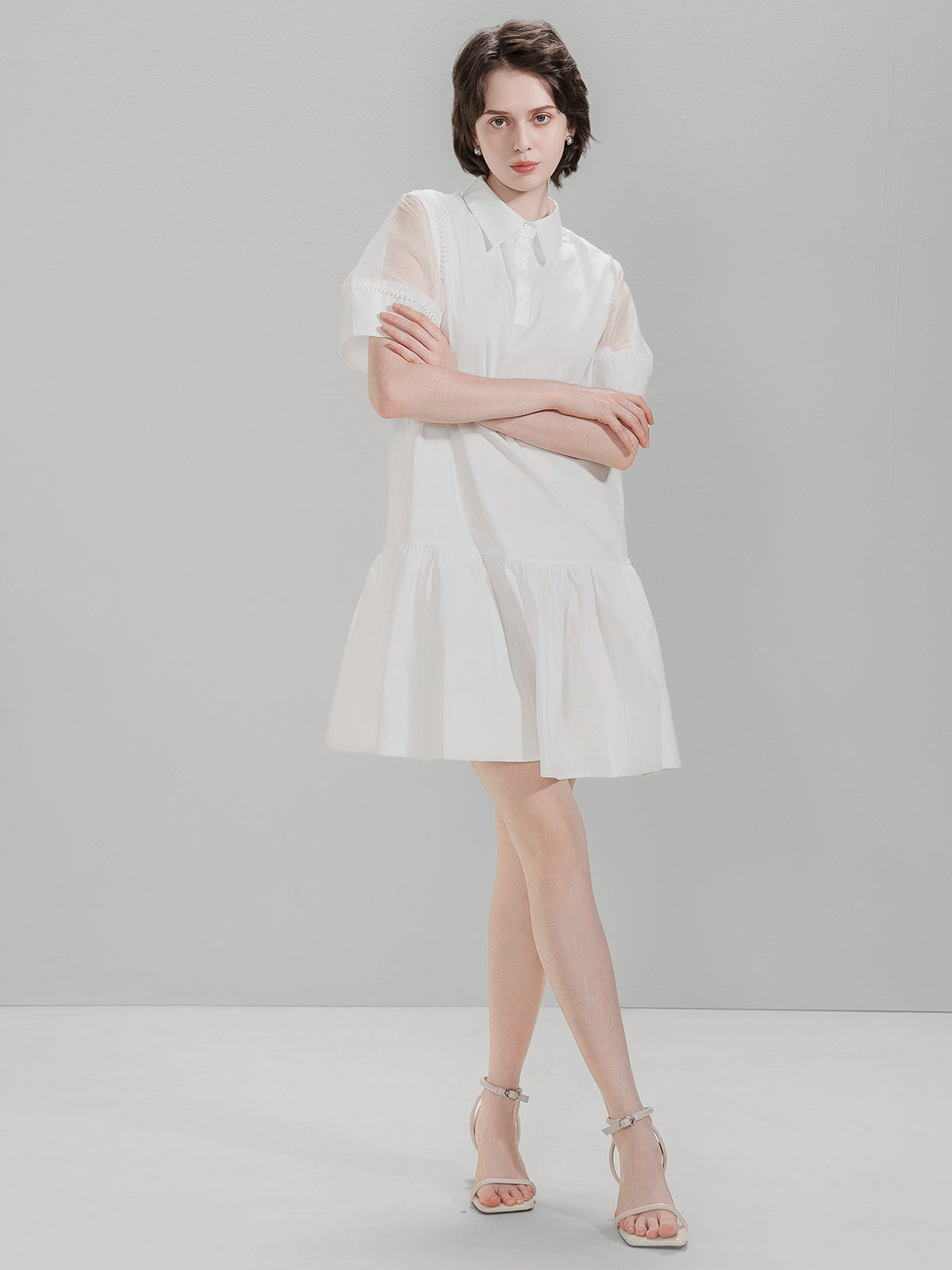 S·DEER white shirt dress with mesh details on the shoulders and flared skirt