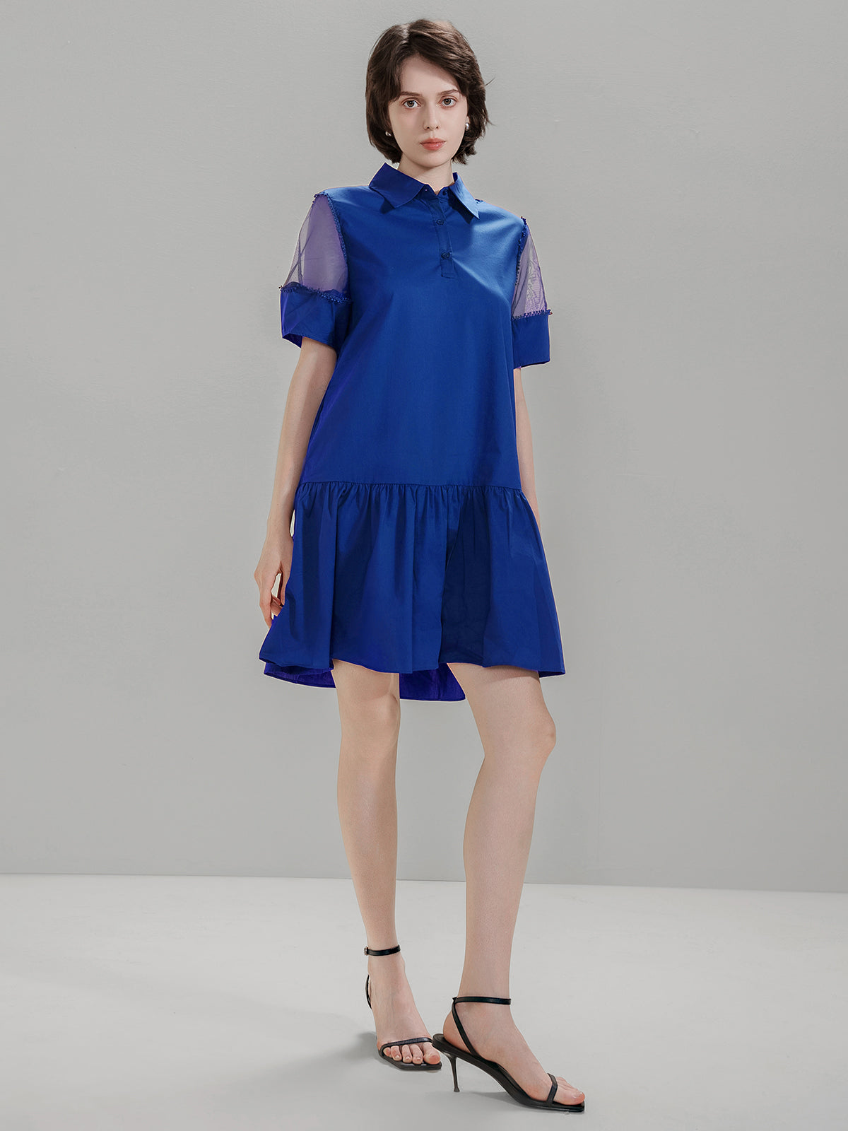 S·DEER royal blue shirt dress with mesh short sleeves and a flared skirt