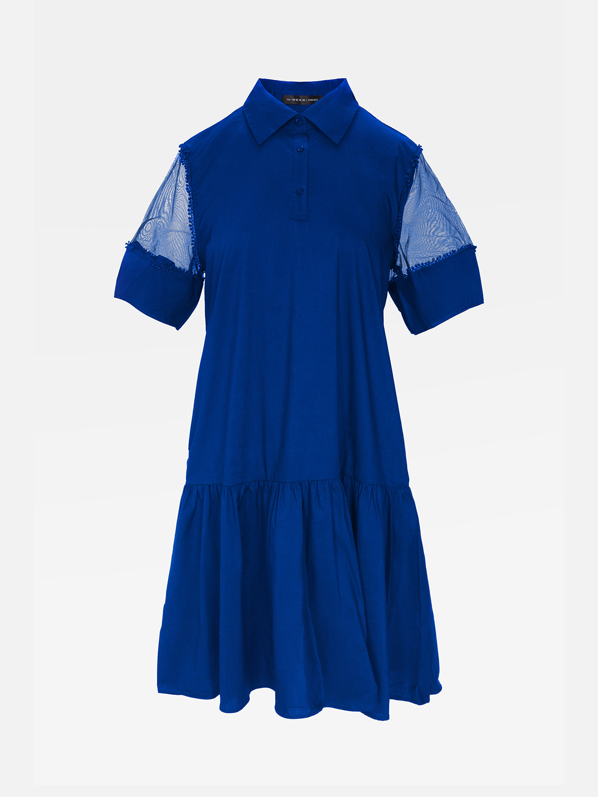 S·DEER white shirt dress with a loose fit, mesh sleeves, and ruffled hem