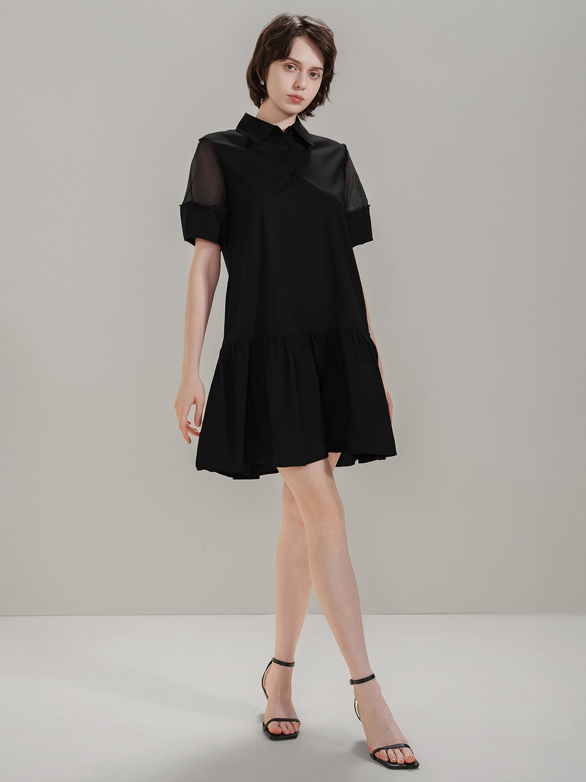 S·DEER black shirt dress with mesh short sleeves and a flared skirt