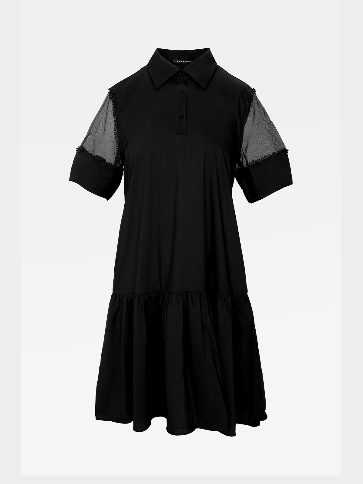 S·DEER black shirt dress with mesh short sleeves and a flared skirt