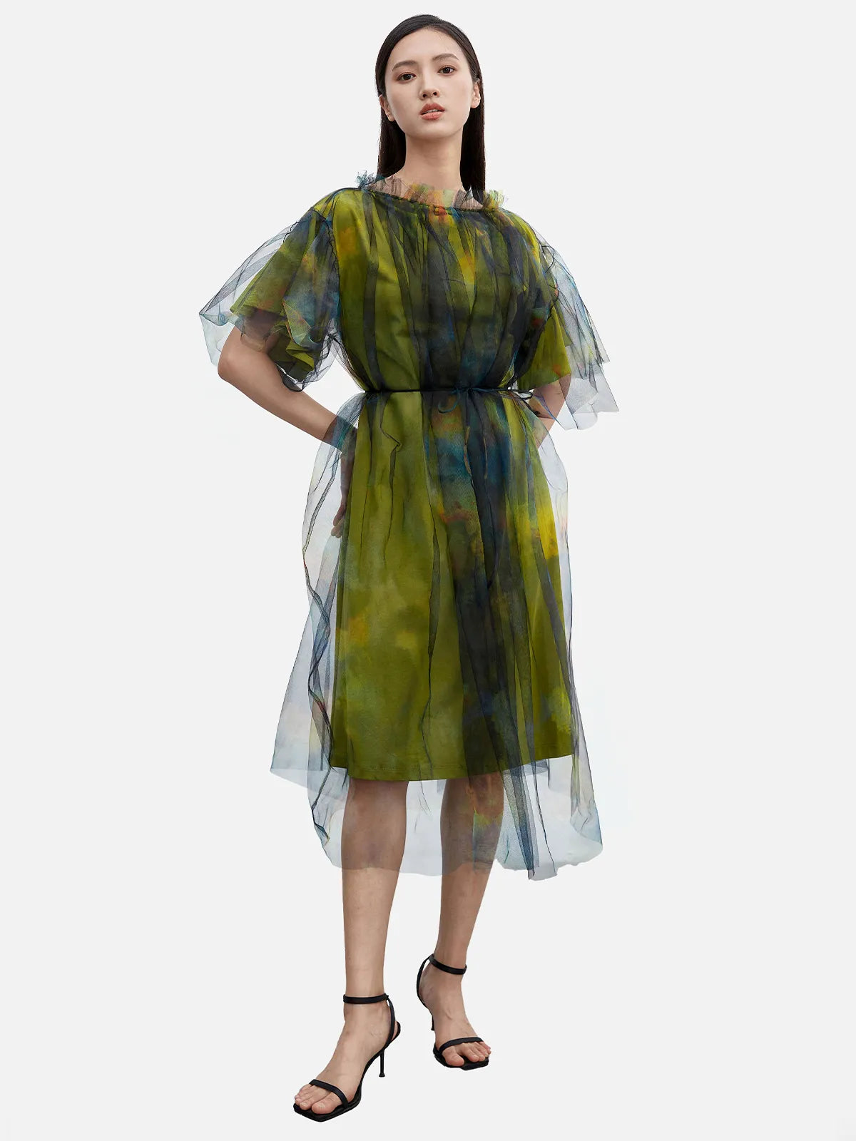 Smudged Short-sleeved A-line Mesh Dress