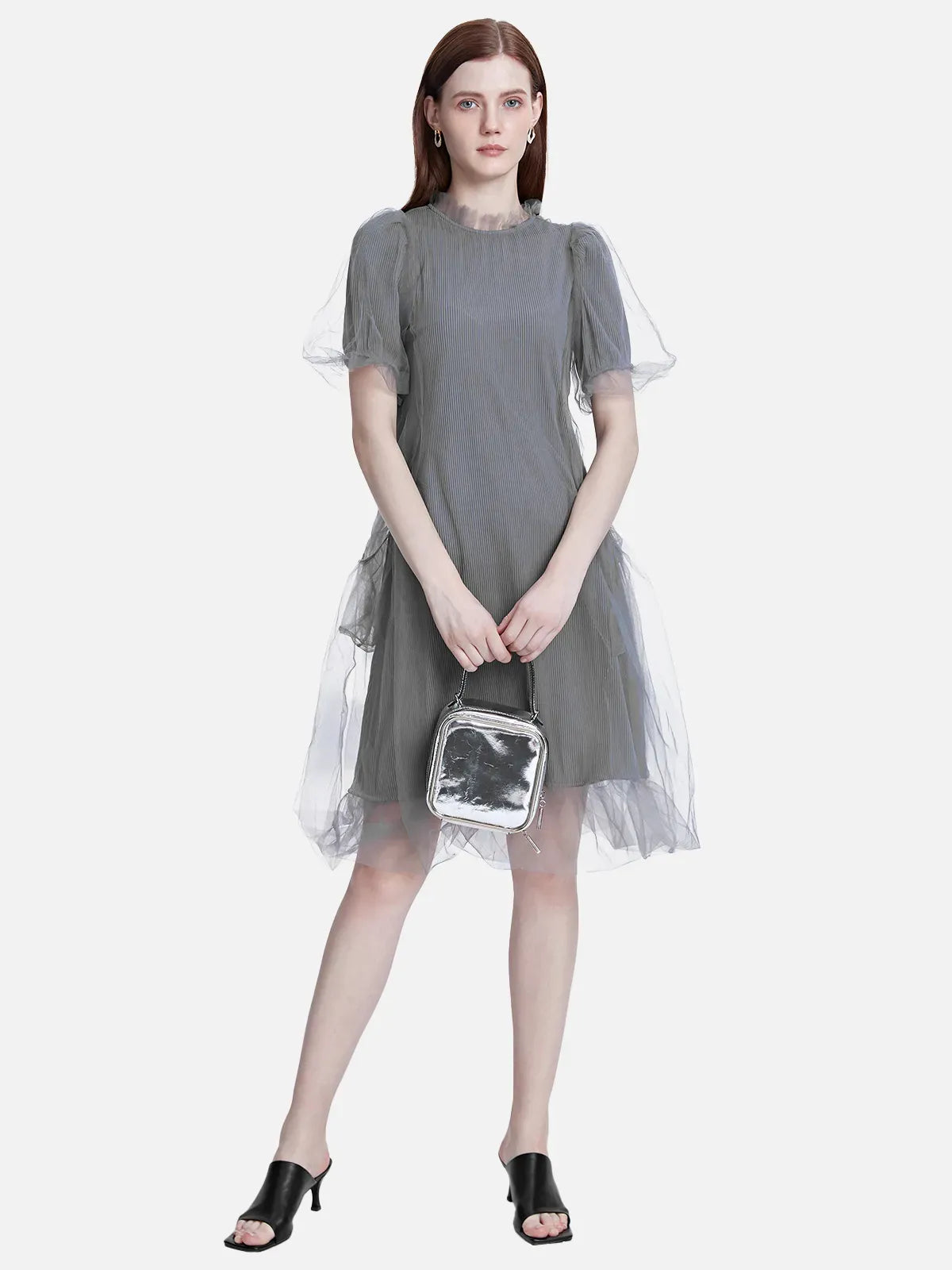 Pleated Mesh Short-sleeved Dress