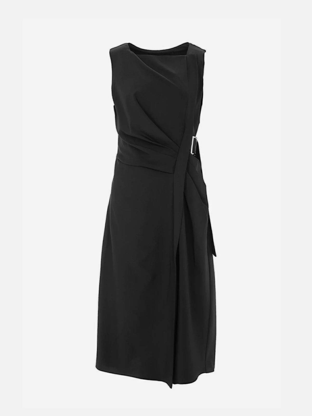 S·DEER black dress with square neckline, asymmetric draping, and belt, suitable for formal occasions