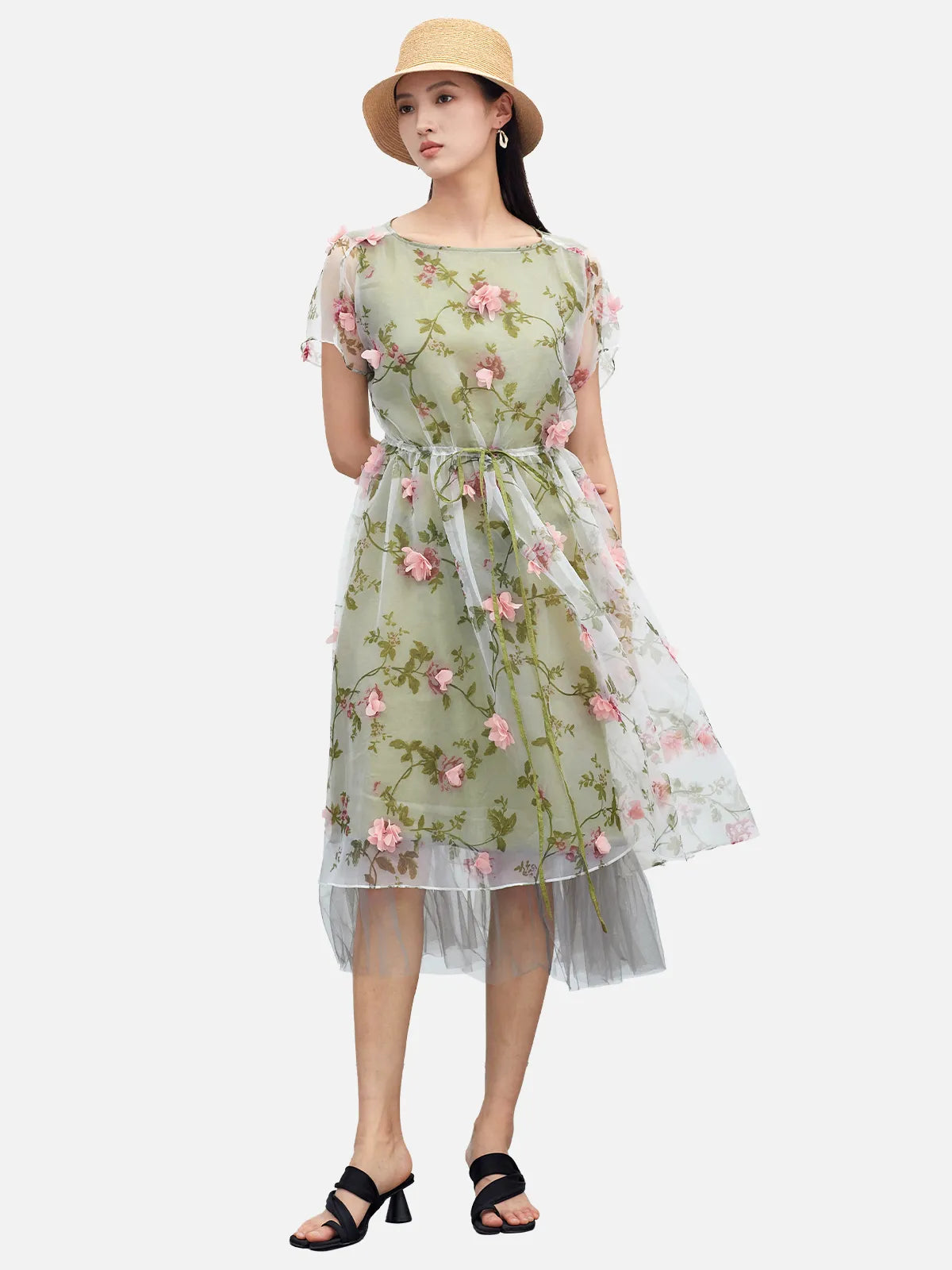 Floral Mesh Layer A-line Dress