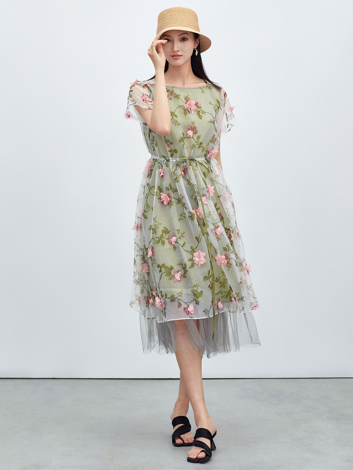 Floral Mesh Layer A-line Dress