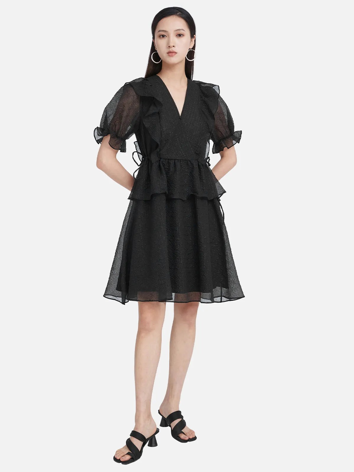 V-Neck A-line Mesh Puff Sleeve Dress