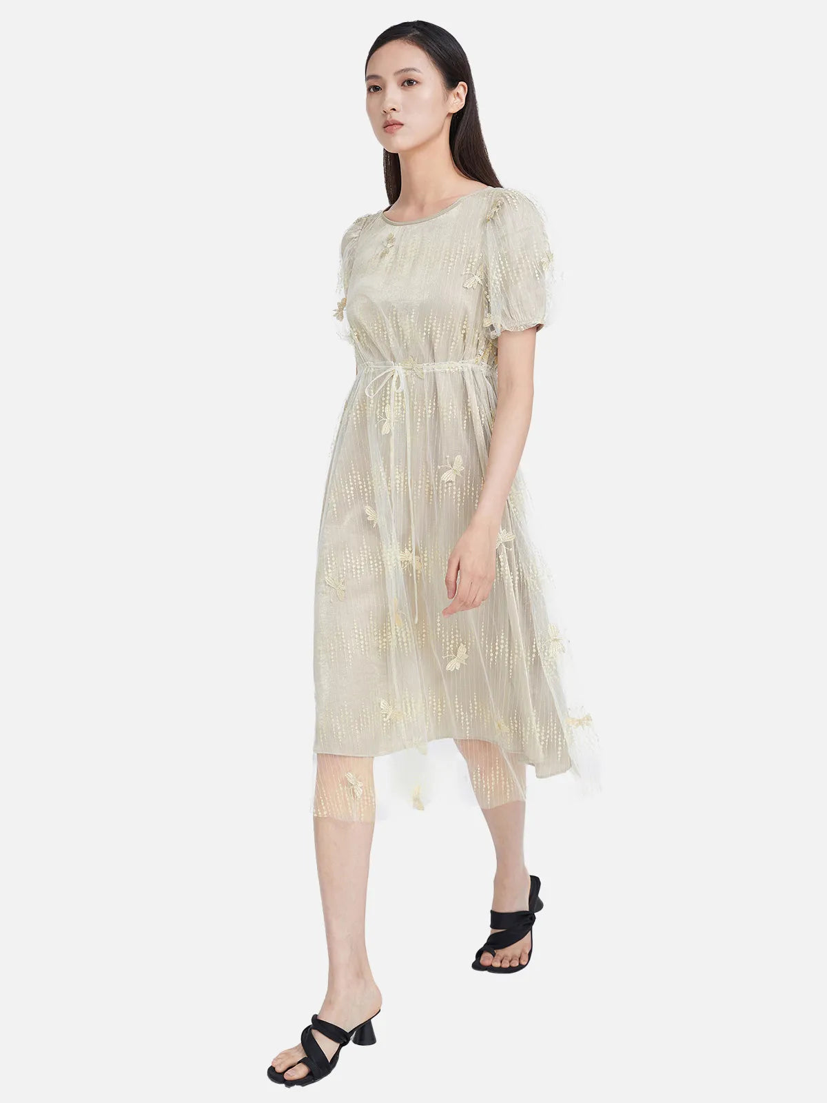Embroidered A-line Mesh Short-sleeved Dress