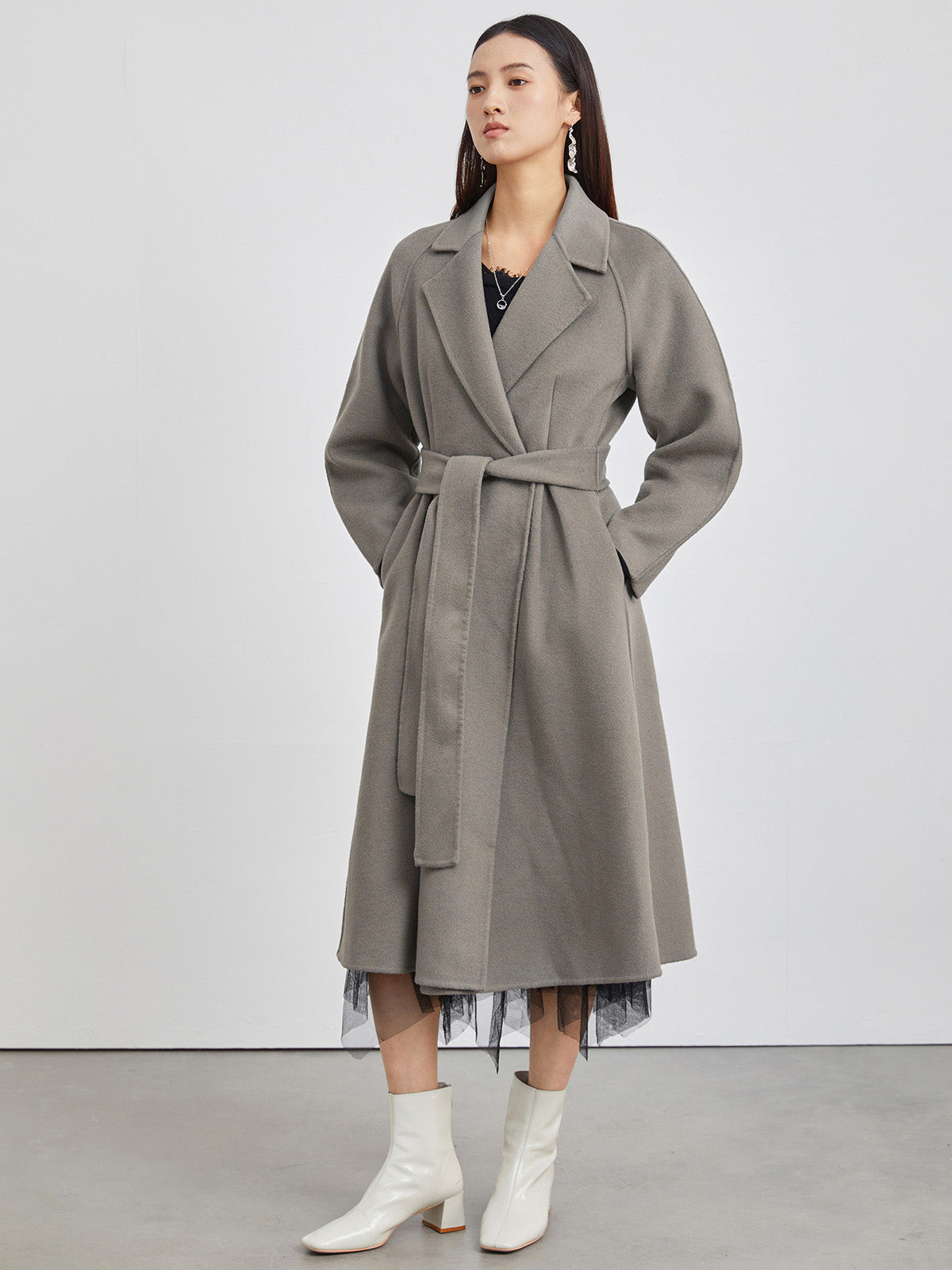 Suit Collar A-Line Wool Long Coat