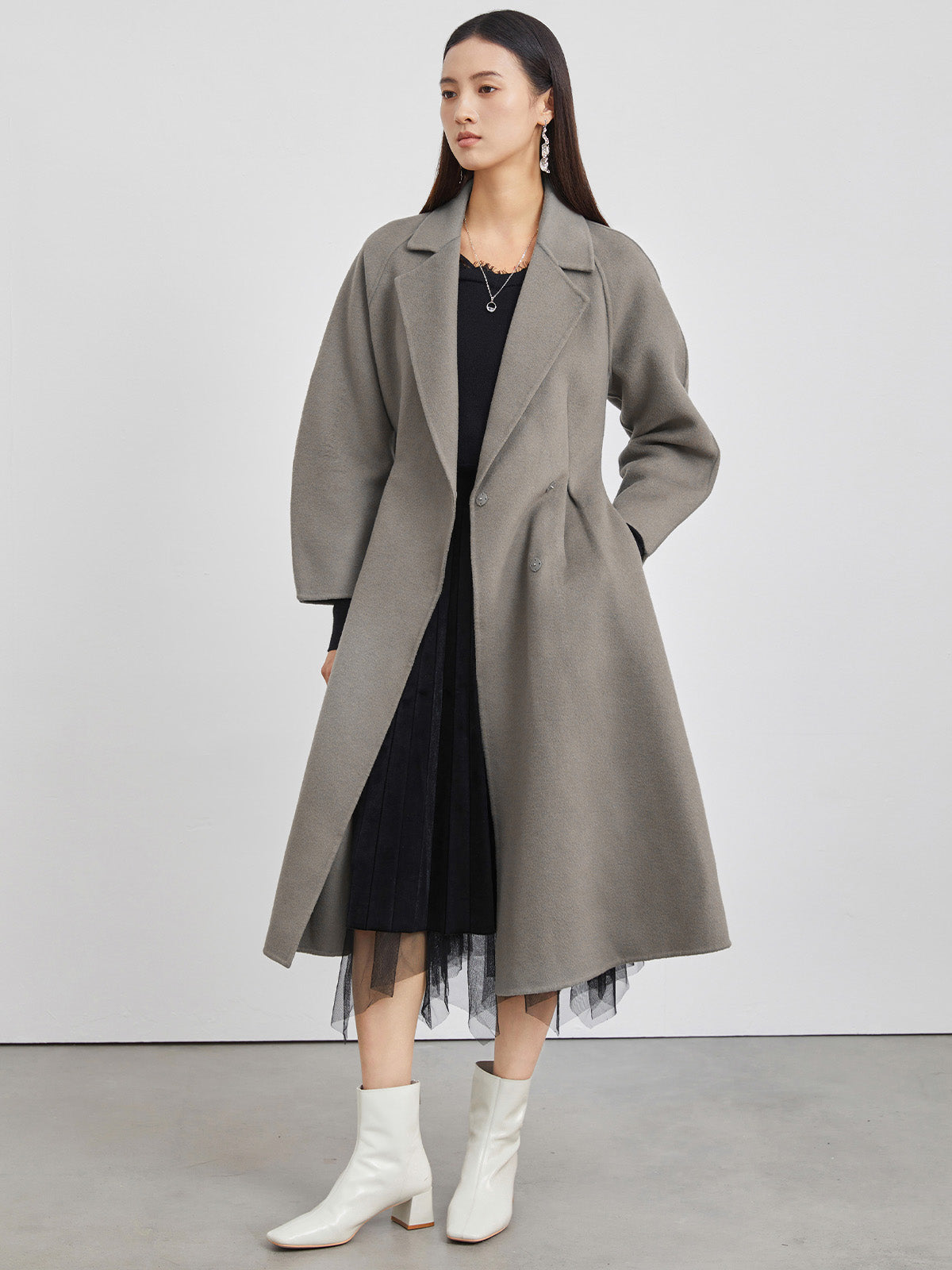 Suit Collar A-Line Wool Long Coat