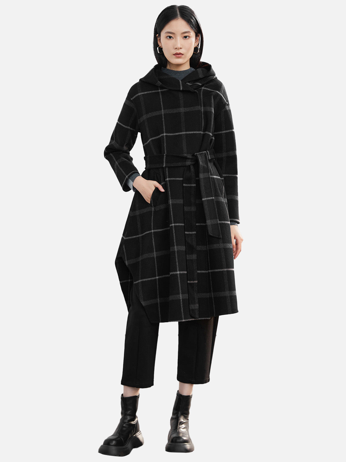 Plaid Hooded Belted  Wool Coat