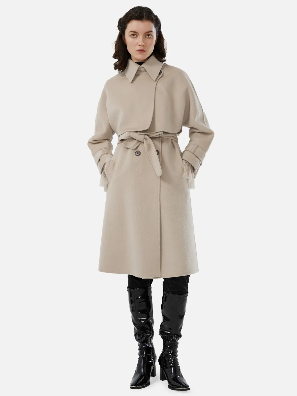 Cashmere overcoat with mesh sleeve texture