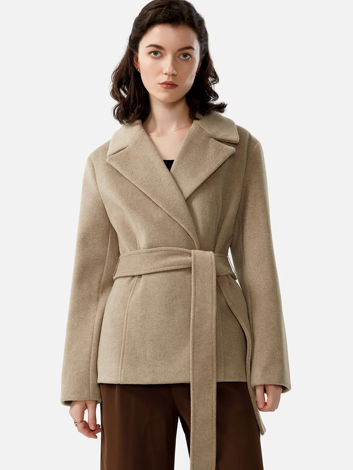 Lapel Collar Waist Wool Blend Coat