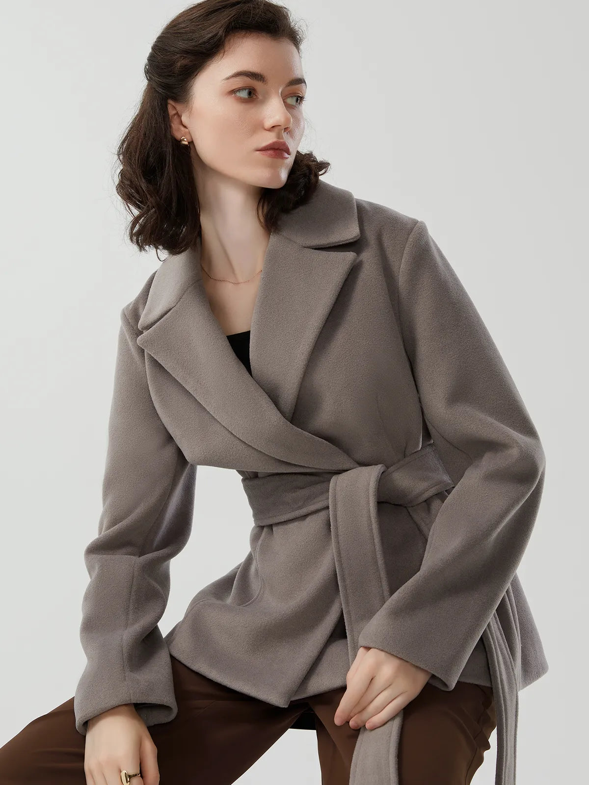 Lapel Collar Waist Wool Blend Coat