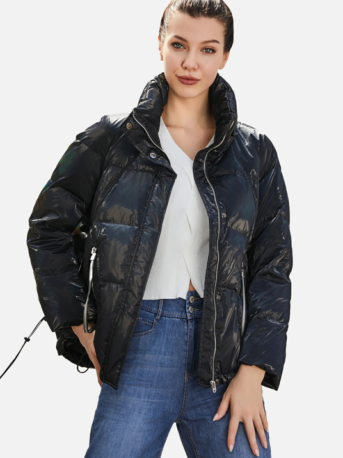 Fashionable style of a stand-up collar down jacket for the winter season