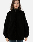 The warmth and stylish look of a black fleece zip jacket