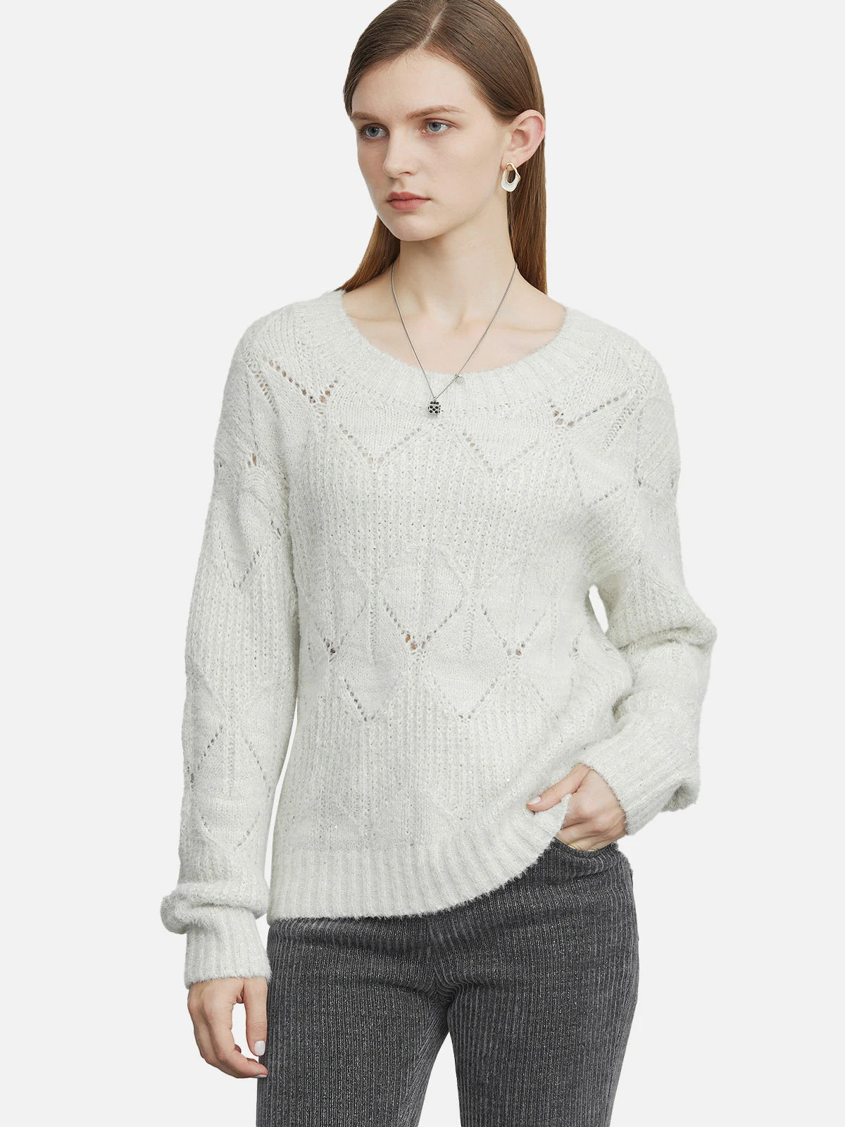Classic round neck knit sweater with crochet lace design