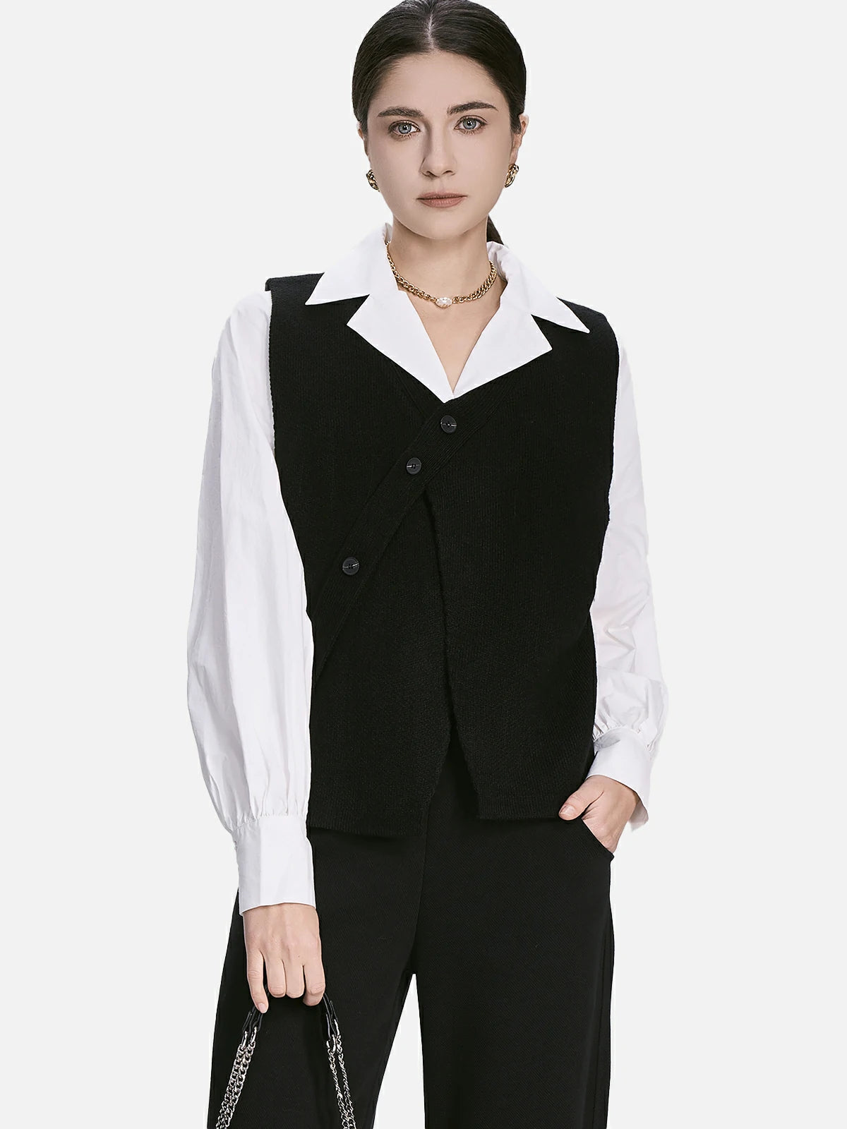 Diagonal Button Black Knit Vest