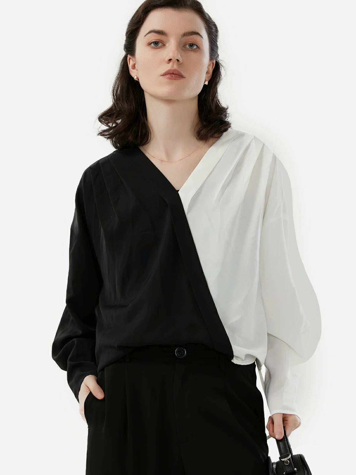 V-Neck Chiffon Blouse with Black and White Color-Block