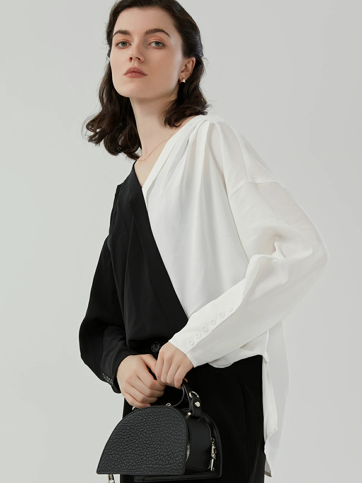 Unique Modern Appeal of Black and White Color-Block Chiffon Blouse