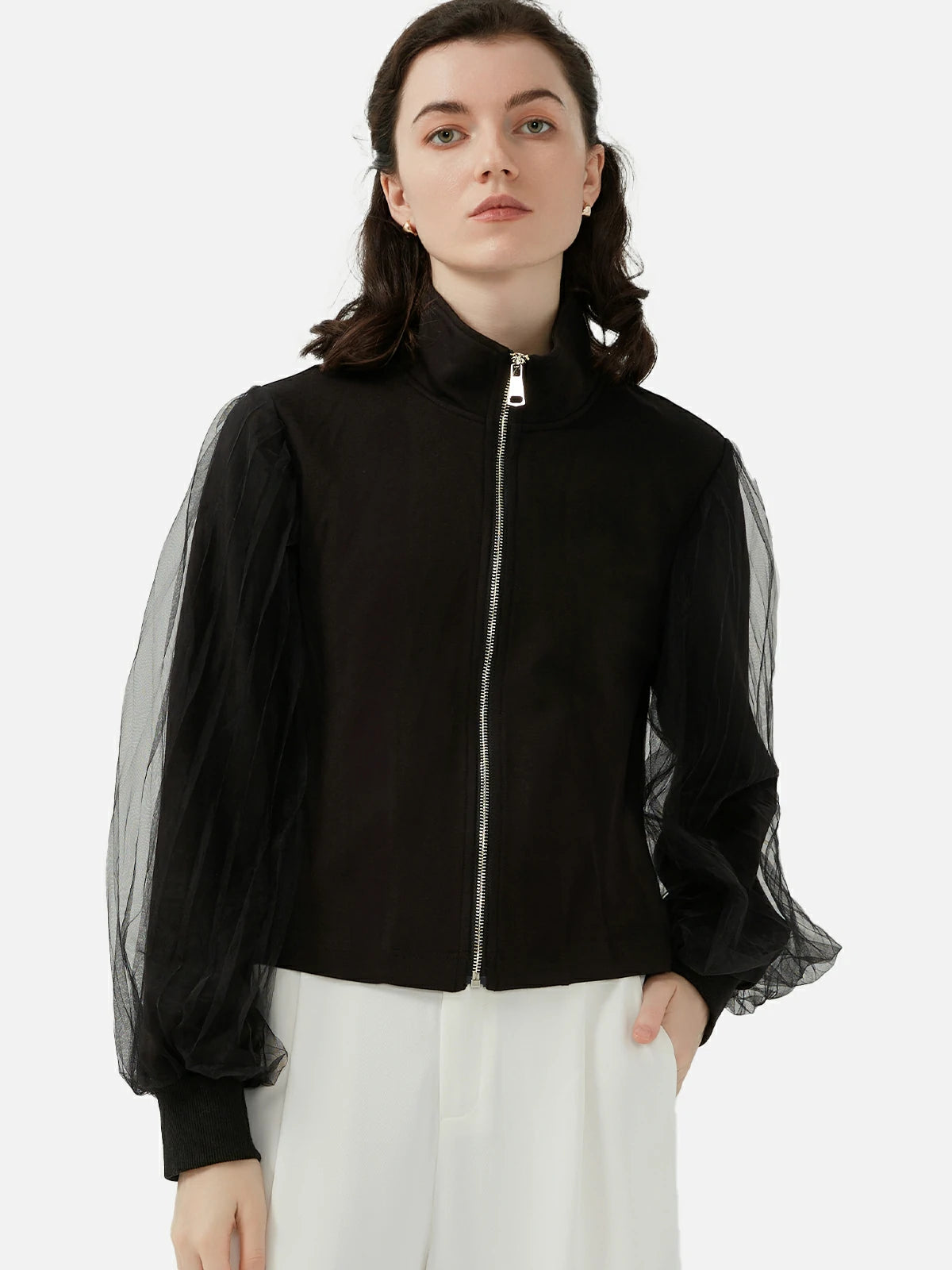 Black mesh panel short jacket with lantern sleeves