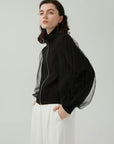 Stylish zipper design on black mesh panel jacket
