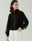 Fashionable stand collar jacket with mesh paneling in black