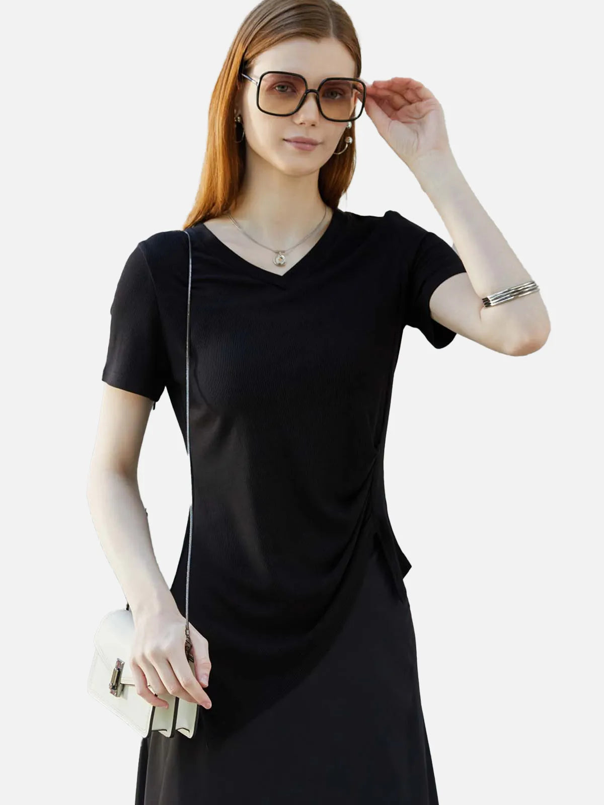 Ribbed V Neck Irregular Short Sleeve T-shirt