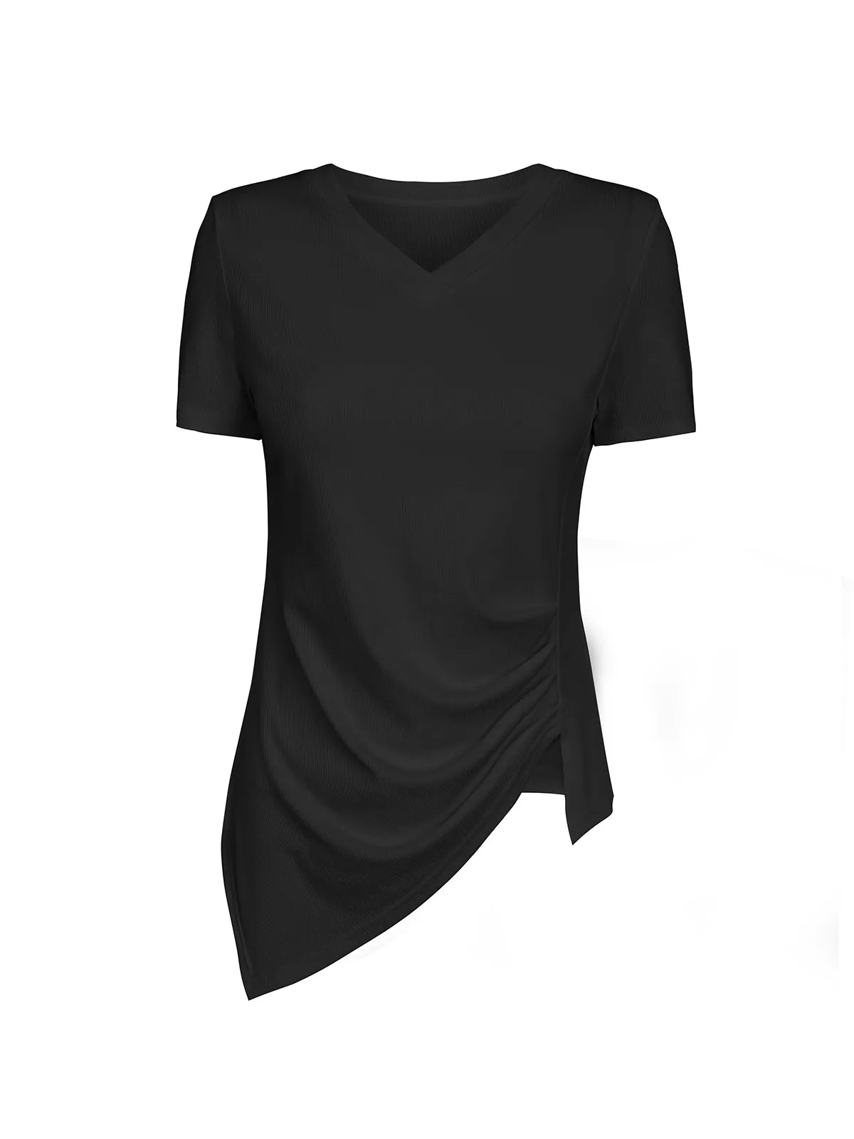 Ribbed V Neck Irregular Short Sleeve T-shirt