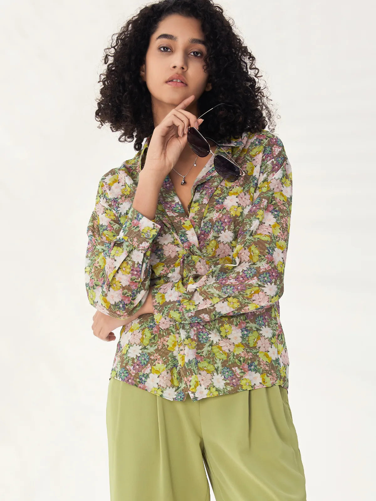 Floral Sequins Twisted Knot Shirt