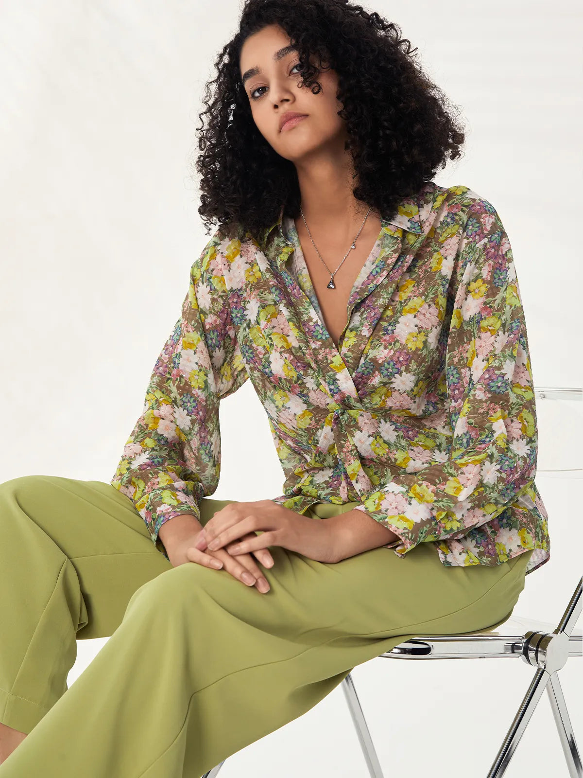 Floral Sequins Twisted Knot Shirt