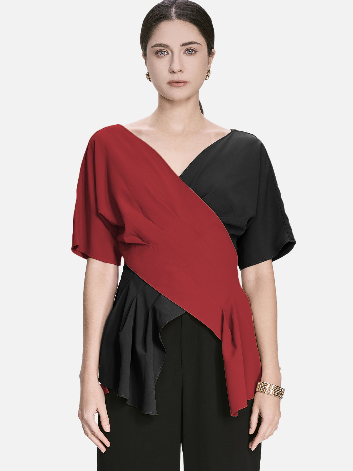 Women's asymmetric red and black wrap blouse with ruffle hem
