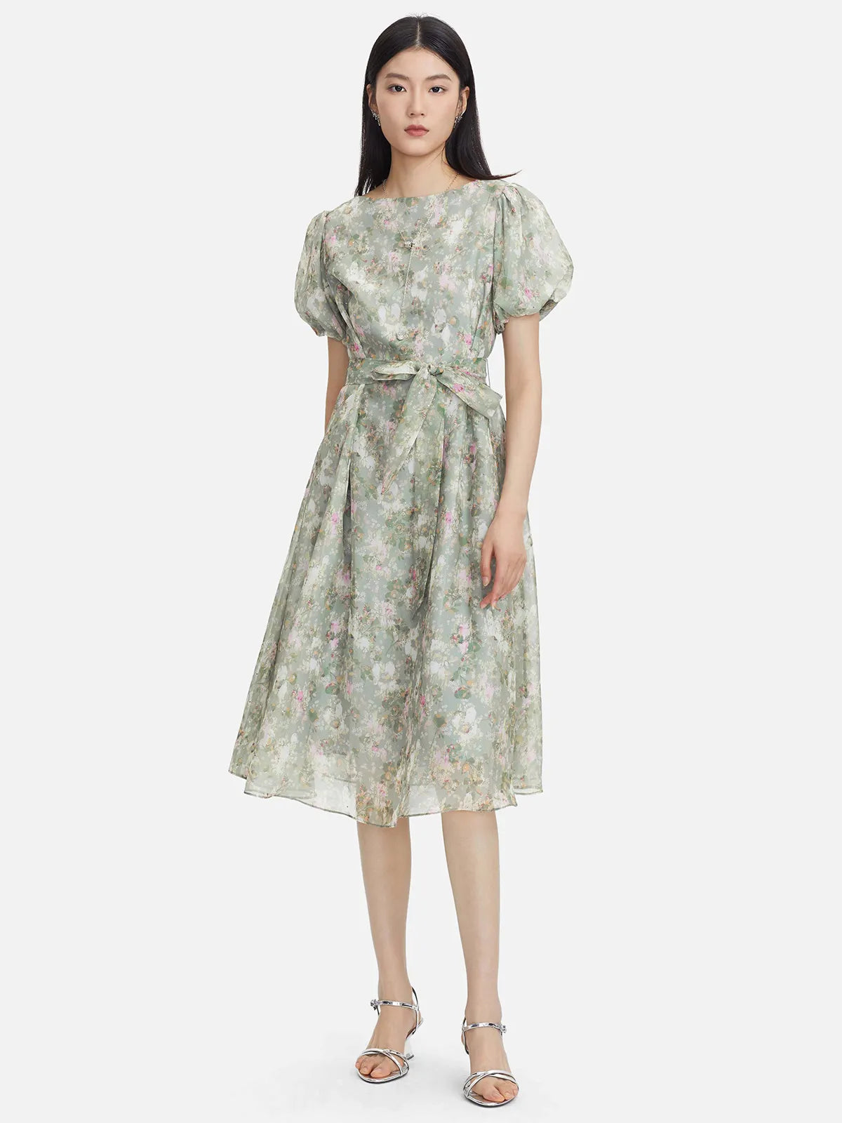 Crewneck Floral A-Line Mesh Dress