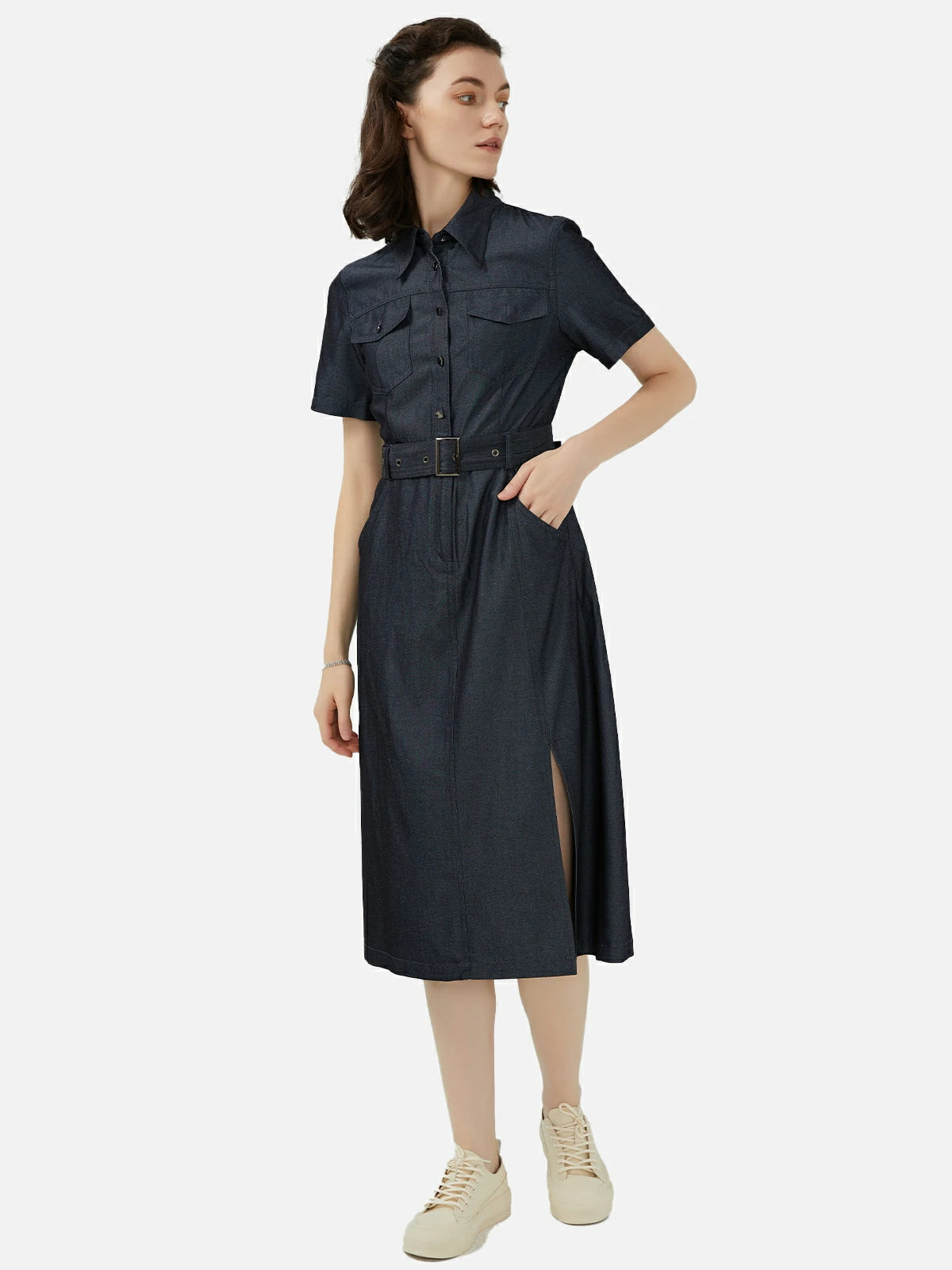 Denim Shirt Dress with Waist Belt: A fashionable and flattering choice.