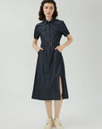 Collared Denim Dress with Stylish Waist Belt: Combining classic and modern elements.