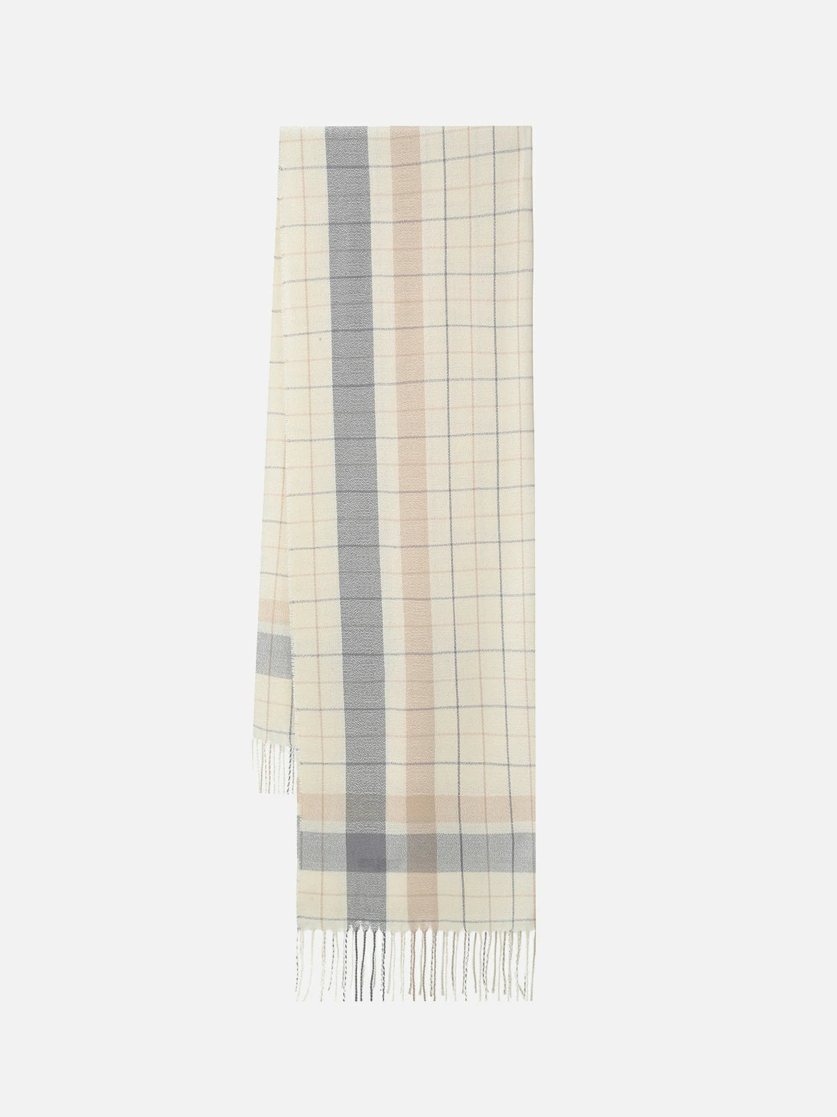 Beige Checkered Fringe Scarf: Elevate your winter fashion.