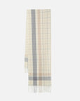 Beige Checkered Fringe Scarf: Elevate your winter fashion.