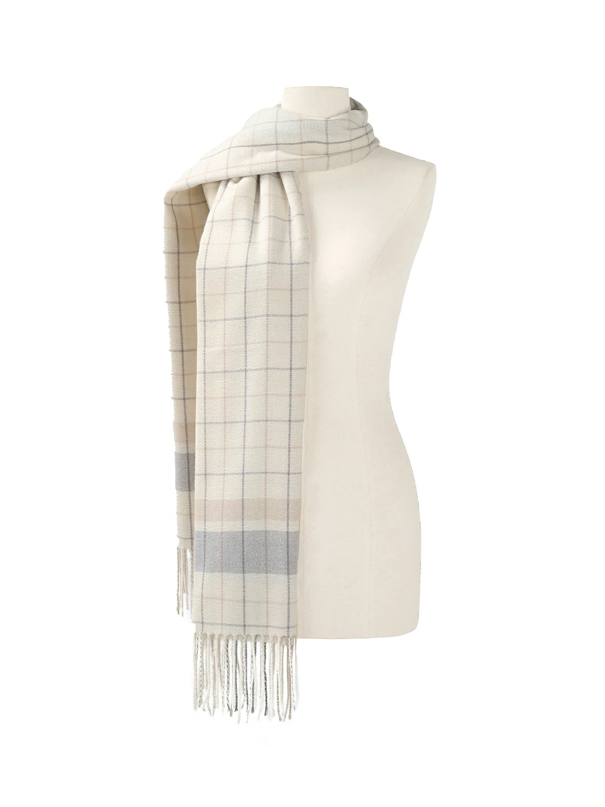 Beige Checkered Accessory with Fringe Trim: A fashionable statement.